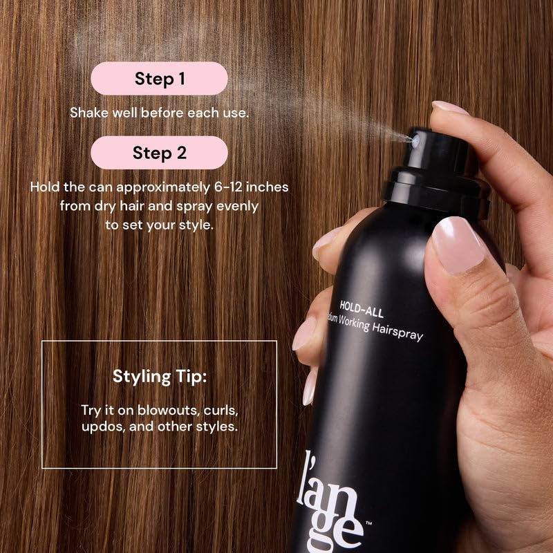 L'ANGE HAIR Hold-All finish on styled hair shows a light, crunch-free result.