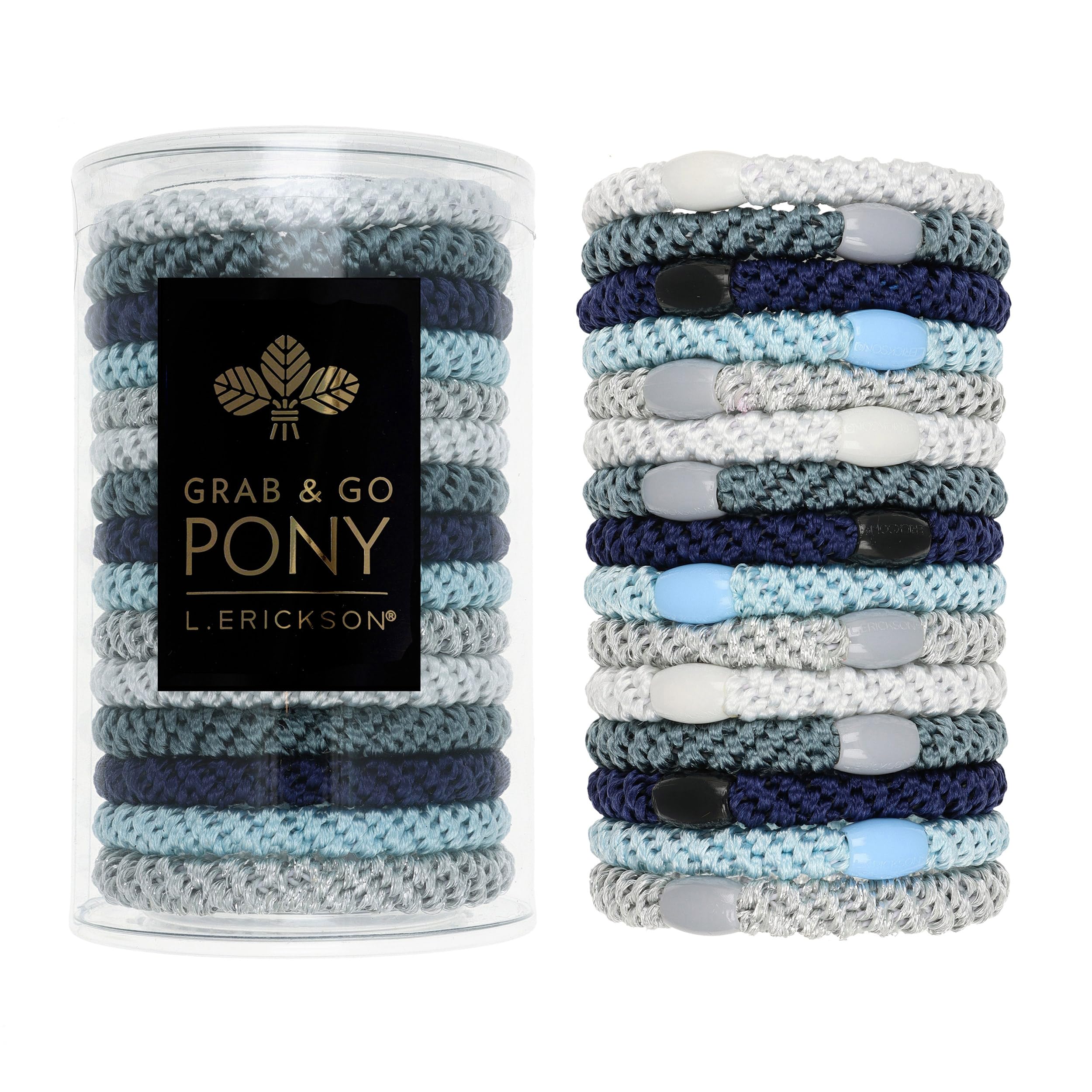 L. Erickson Grab & Go Atlantic 15-pack ponytail holders in a clear tube for easy, secure styling.