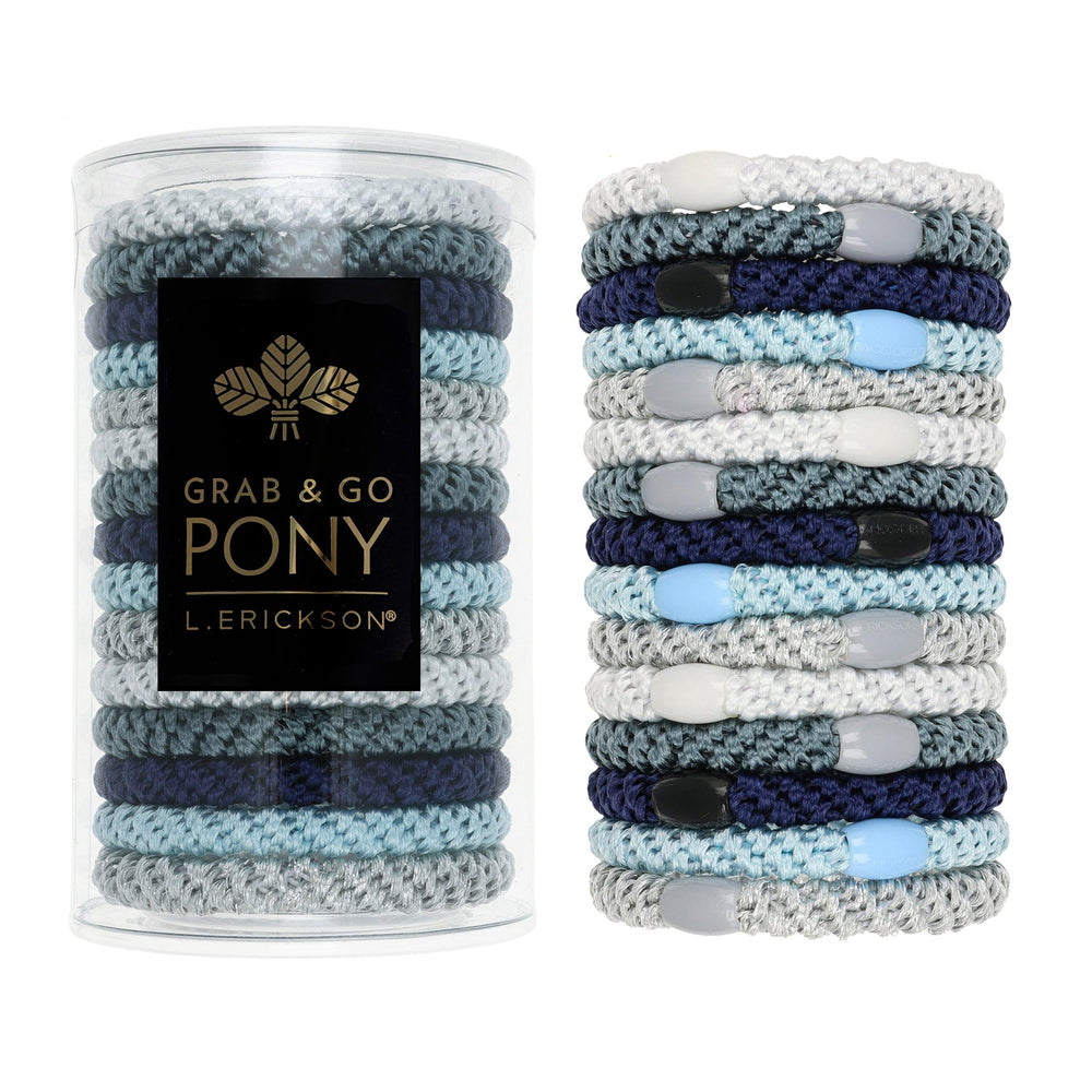 L. Erickson Grab & Go Atlantic 15-pack ponytail holders in a clear tube for easy, secure styling.