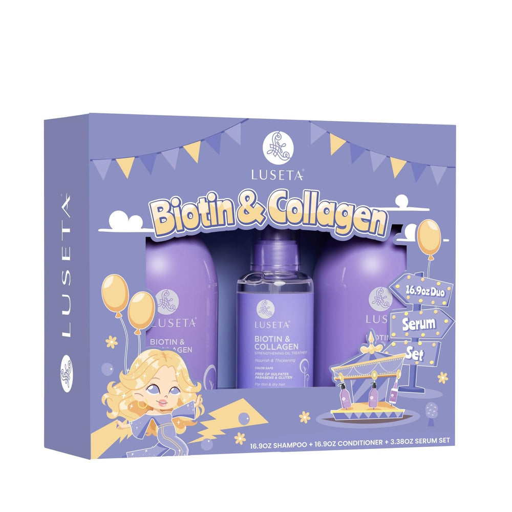 Luseta Biotin Trio shampoo bottle showing thickening formula for fuller hair.