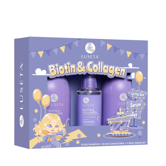 Luseta Biotin Trio shampoo bottle showing thickening formula for fuller hair.