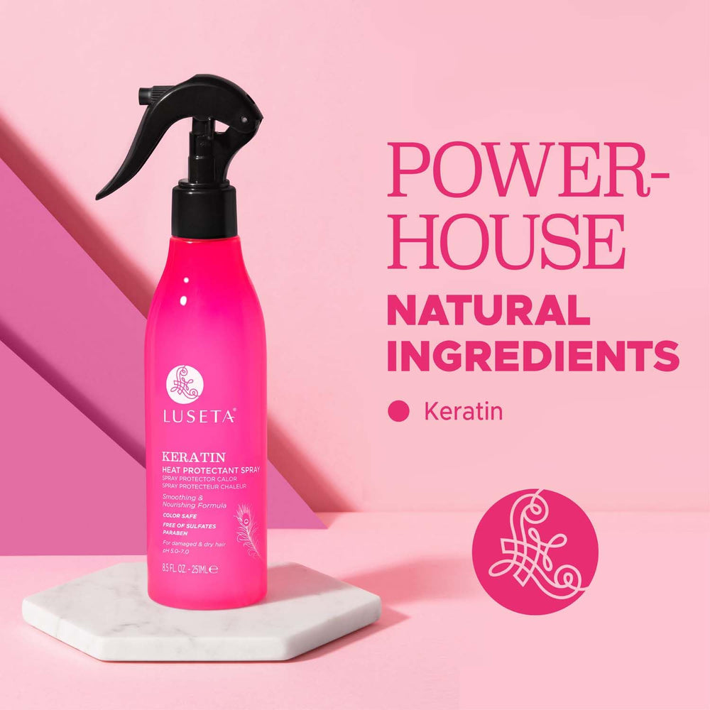 L Luseta frizz-control heat protection spray offers sleek styling benefits.