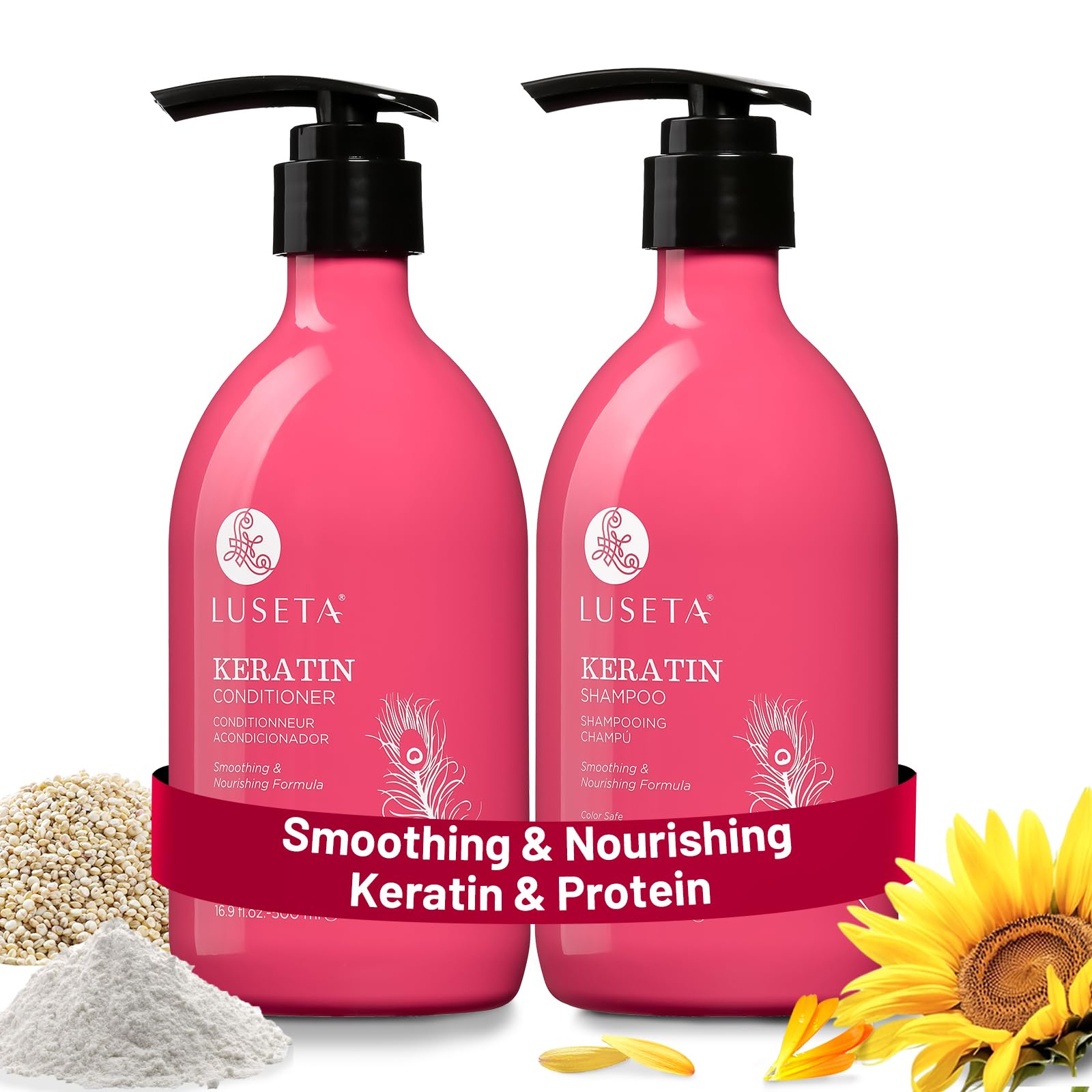 L LUSETA Keratin Shampoo bottle for color-treated hair, adds shine and gentle cleansing.