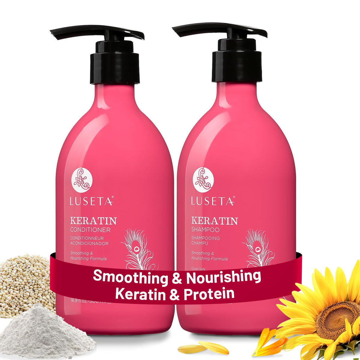 L LUSETA Keratin Shampoo bottle for color-treated hair, adds shine and gentle cleansing.