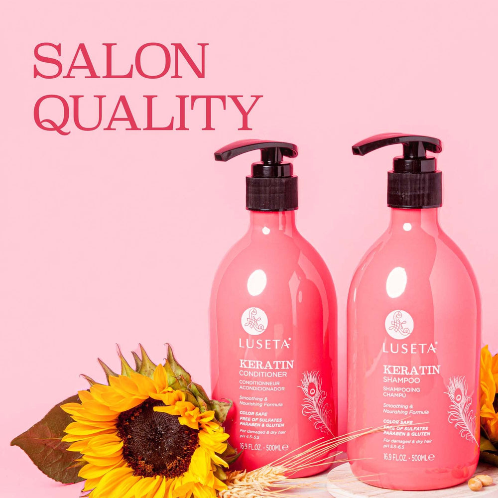 L LUSETA Keratin Shampoo lather demonstrating gentle cleansing for color-treated hair.