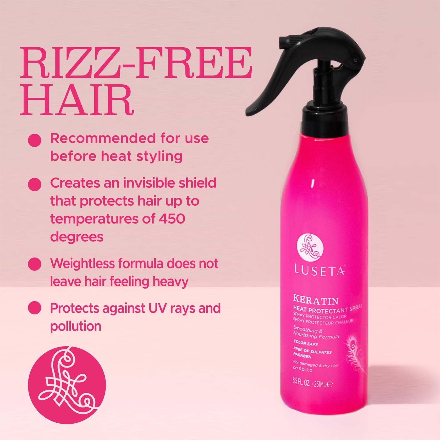 L Luseta Keratin smoothing spray provides keratin nourishment for damaged hair.