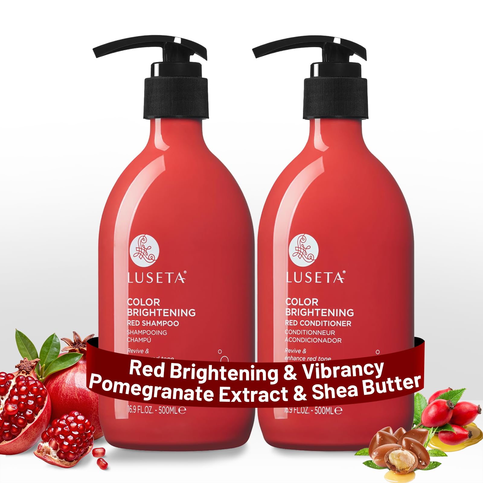 l-luseta red shampoo bottle closeup, highlighting color protection for copper tones.
