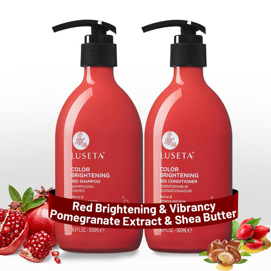 l-luseta red shampoo bottle closeup, highlighting color protection for copper tones.