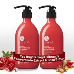 l-luseta red shampoo bottle closeup, highlighting color protection for copper tones.