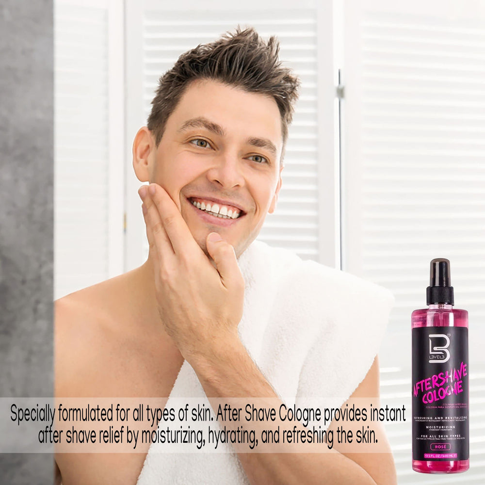 L3 Level 3 aftershave bottle with aloe vera and green tea leaves soothes skin.