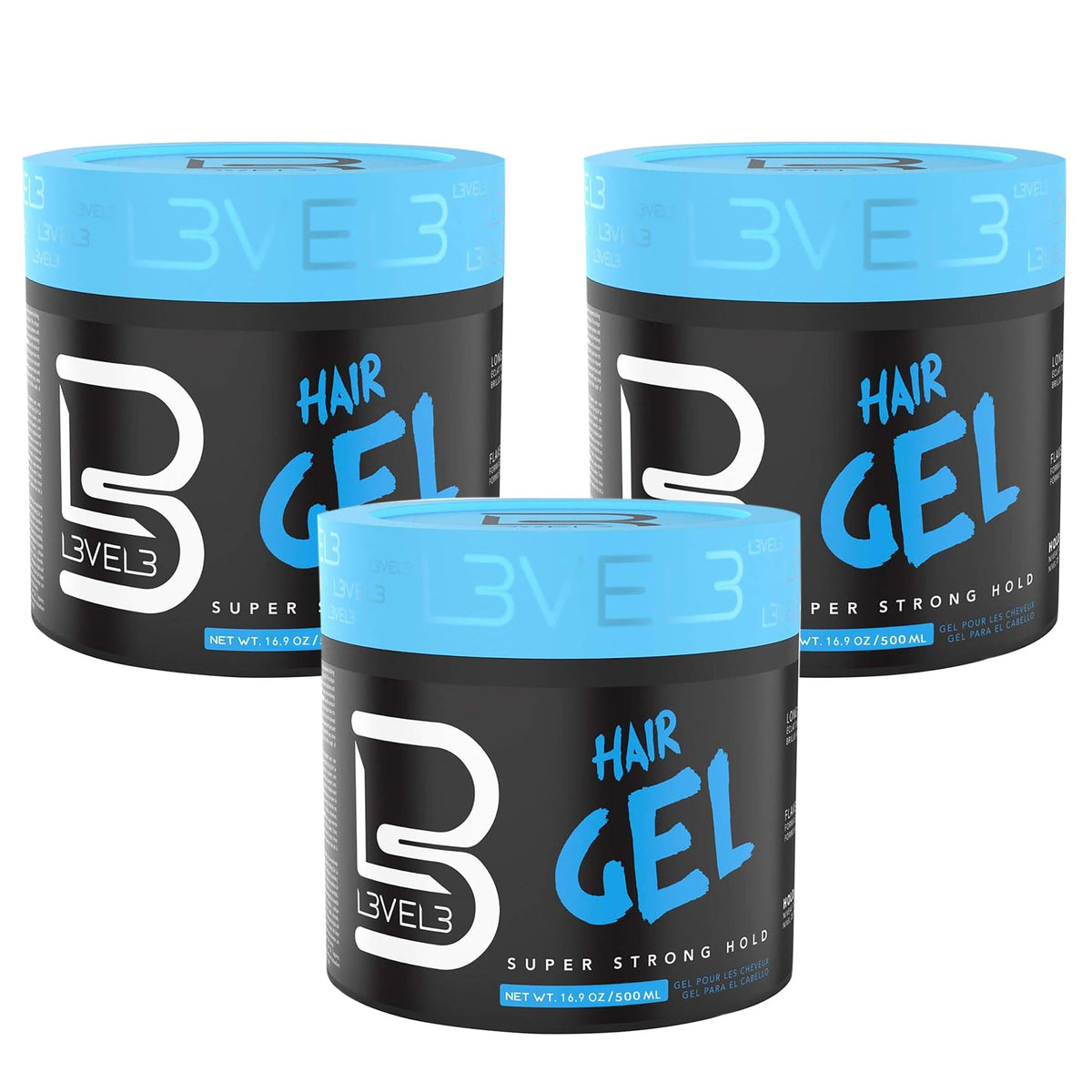 L3 Level 3 Hair Gel bottle front view showing strong hold for all-day style