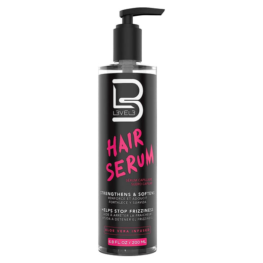 L3 Level 3 Hair Serum bottle front shows sleek packaging and shine potential.