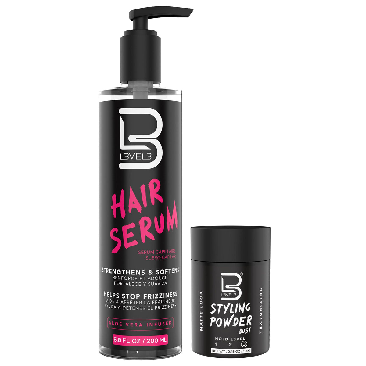L3 Level 3 Hair Serum bottle showing silky, frizz-free shine promise.