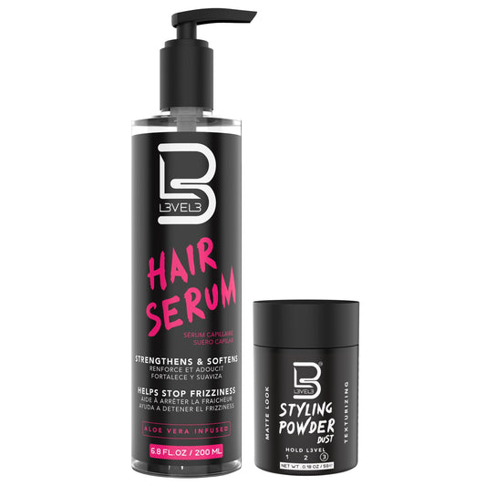 L3 Level 3 Hair Serum bottle showing silky, frizz-free shine promise.