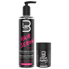 L3 Level 3 Hair Serum bottle showing silky, frizz-free shine promise.