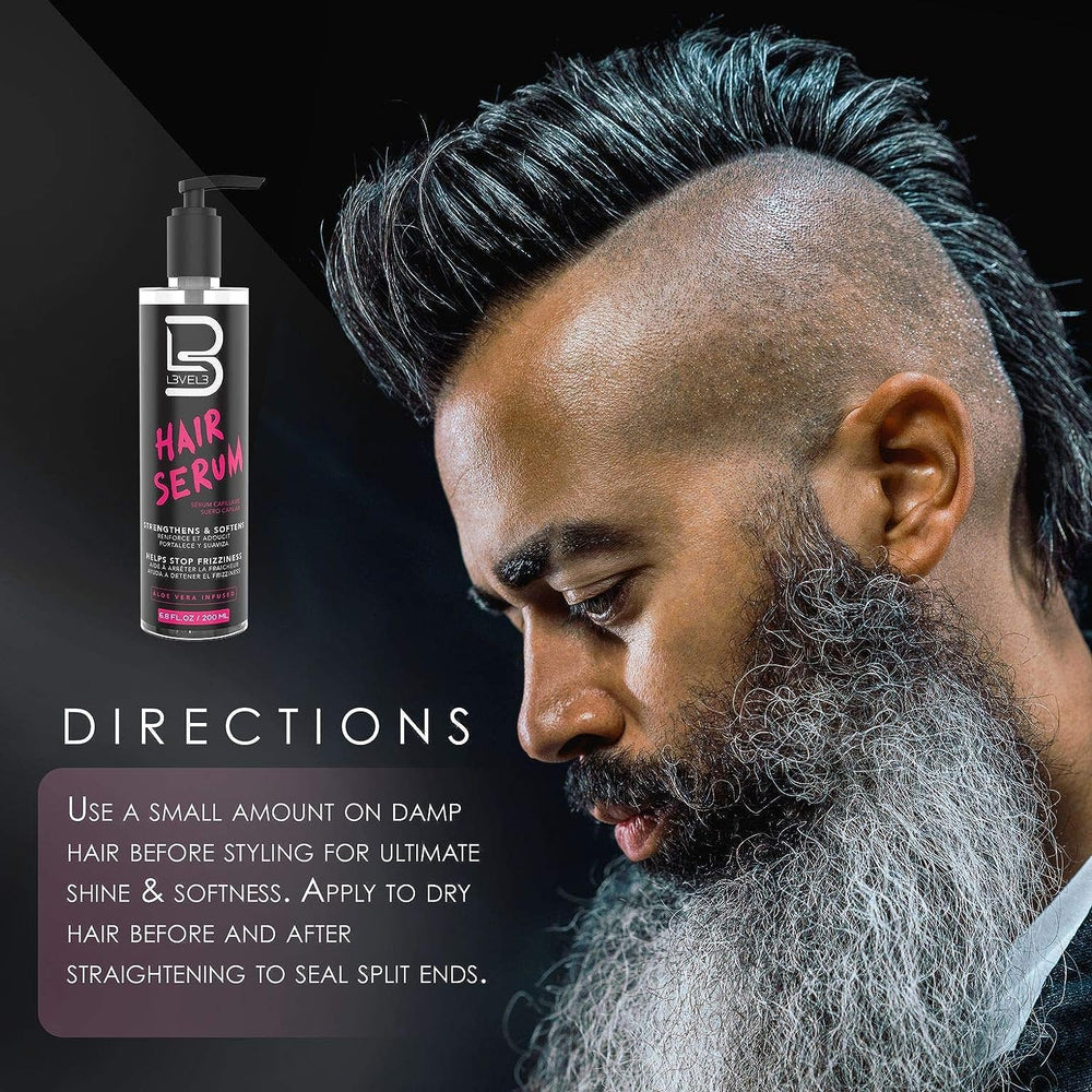 L3 Level 3 Hair Serum packaging with quick use routine for salon like finish.