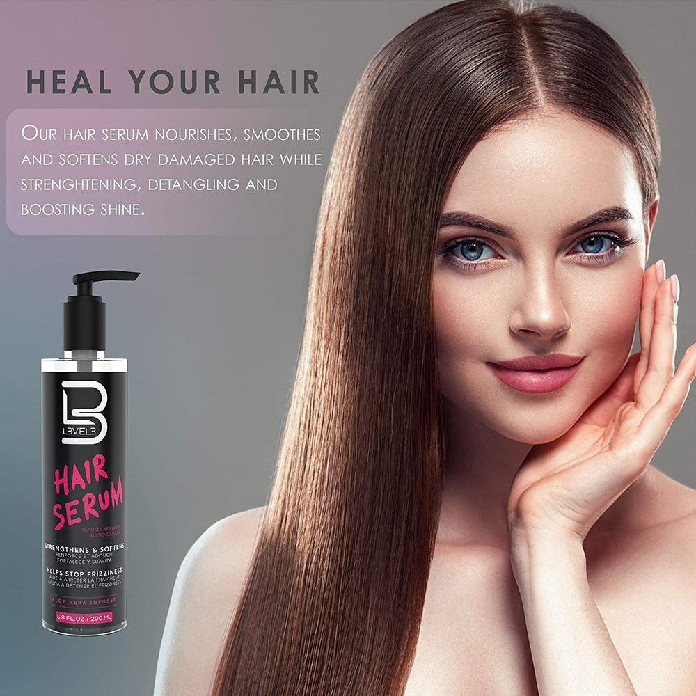 L3 Level 3 Hair Serum smooths hair for effortless detangling and shine.