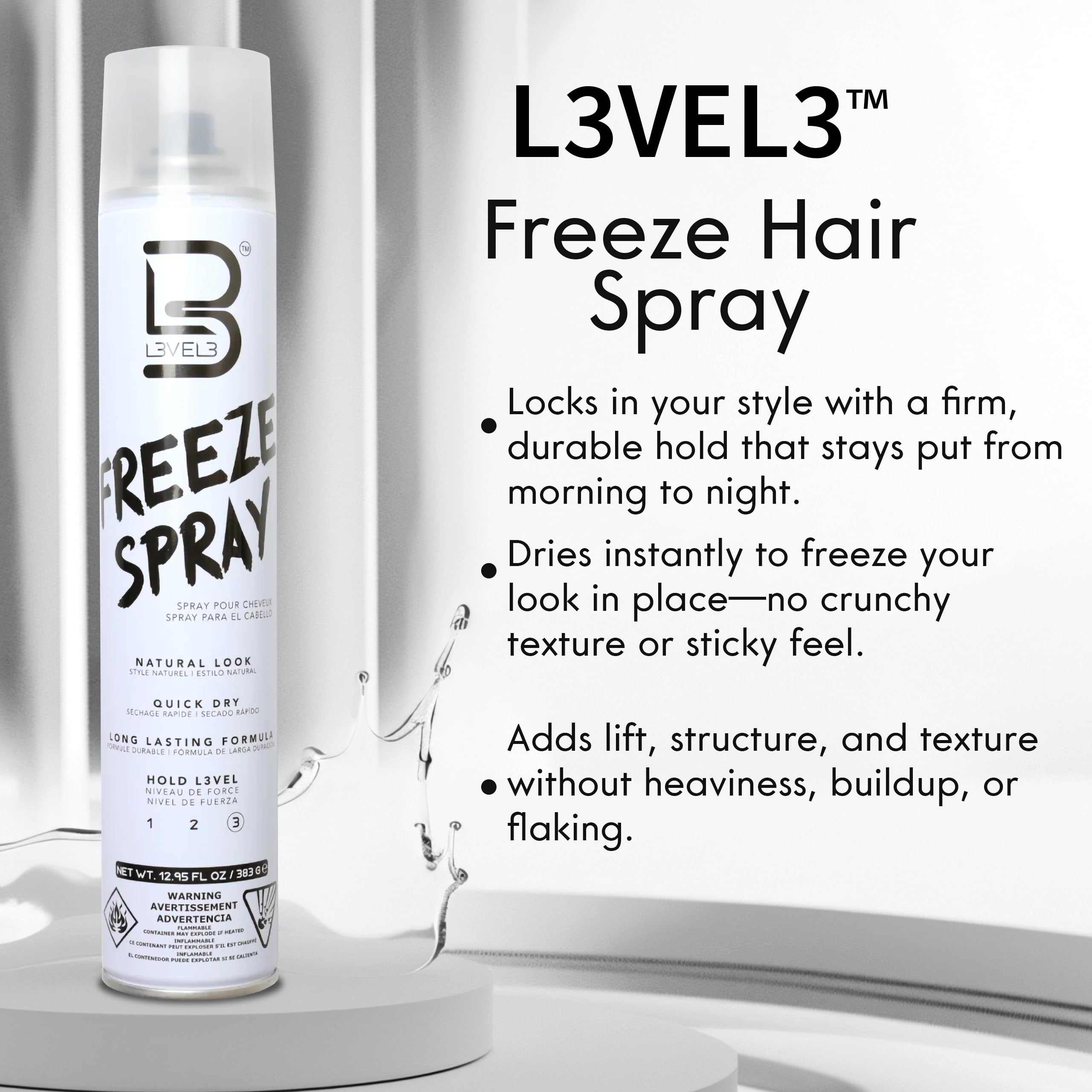 L3 Level 3 Hair Spray bottle with glossy finish for polished look