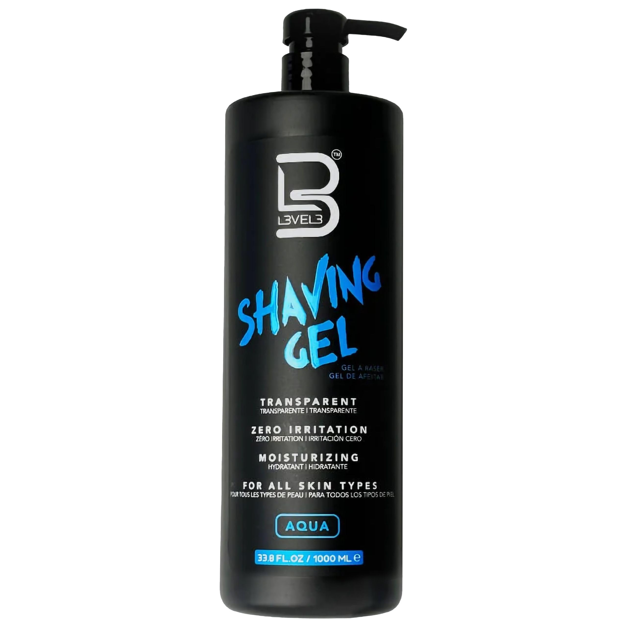 L3 Level 3 Shaving Gel in aqua bottle with a clear formula for precise shaves.