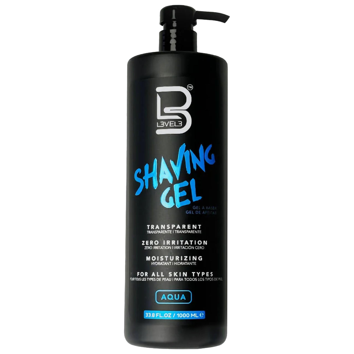 L3 Level 3 Shaving Gel in aqua bottle with a clear formula for precise shaves.