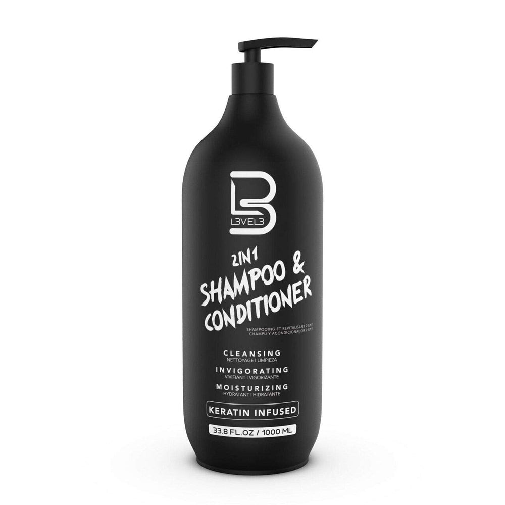 L3 two-in-one shampoo bottle highlights smooth, hydrated hair.
