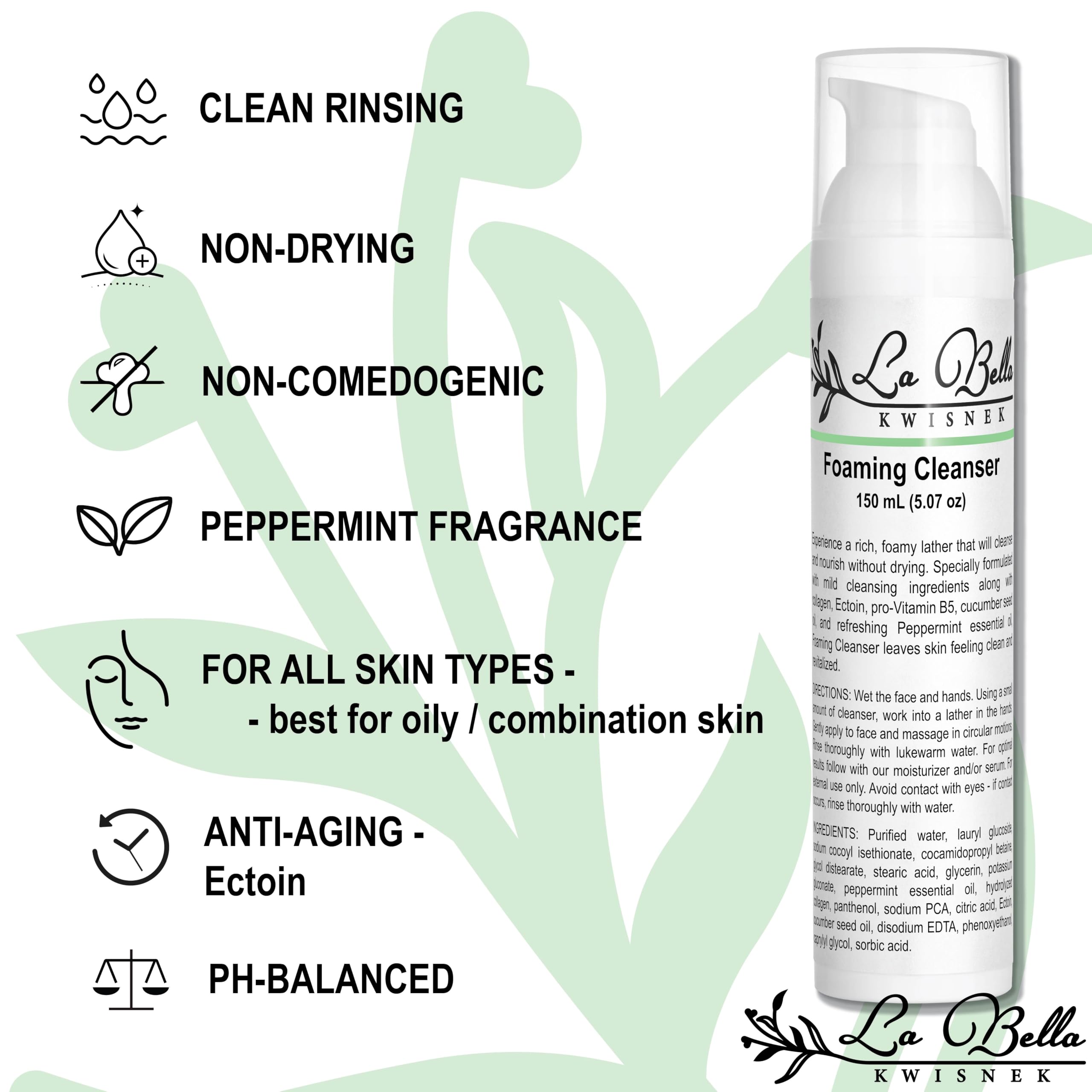 La Bella Kwisnek foaming cleanser on a sink counter, suggesting a premium daily routine.