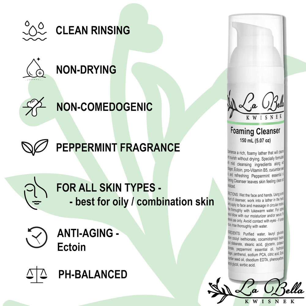 La Bella Kwisnek foaming cleanser on a sink counter, suggesting a premium daily routine.