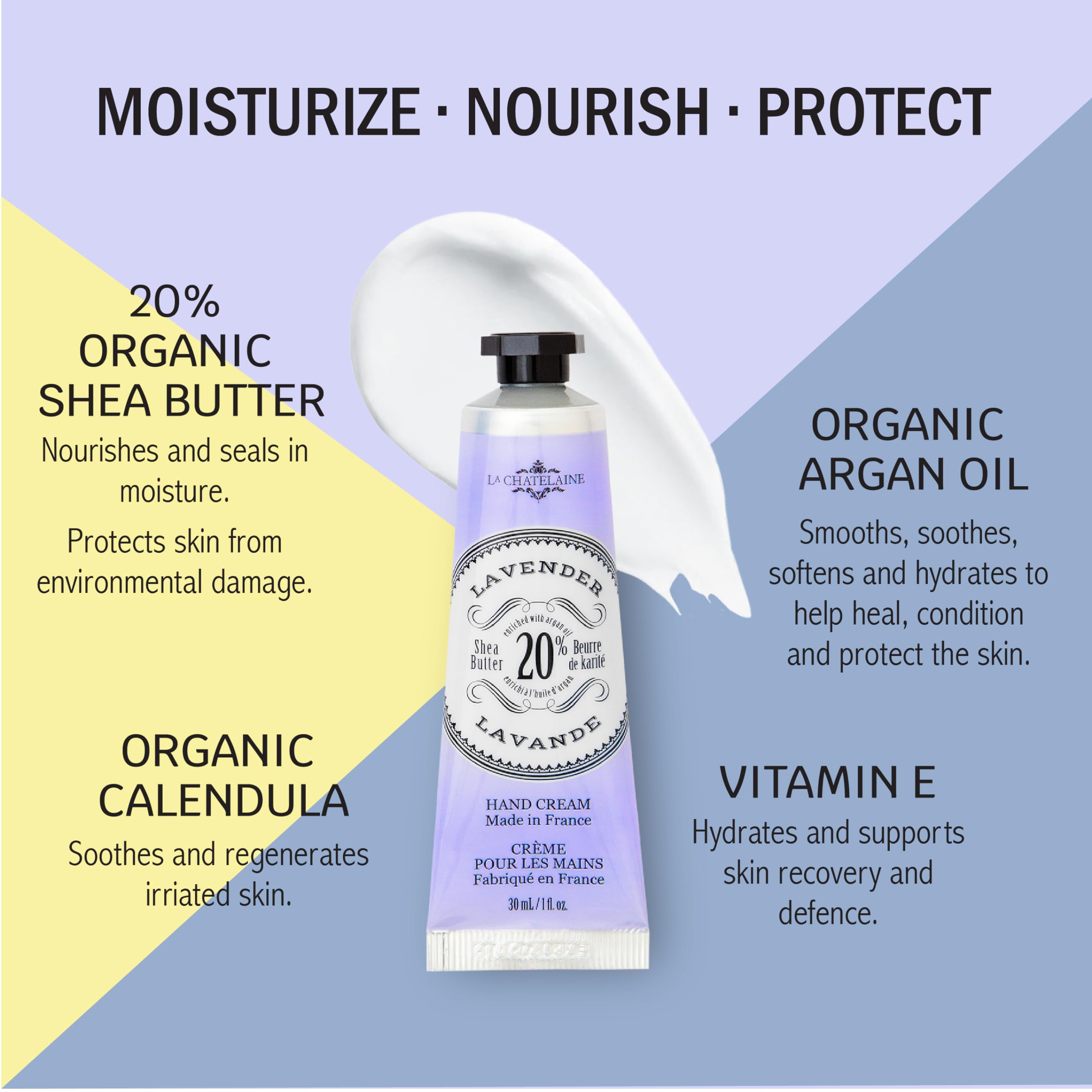 La Chatelaine hand cream 20% shea butter, deep hydration for dry hands.