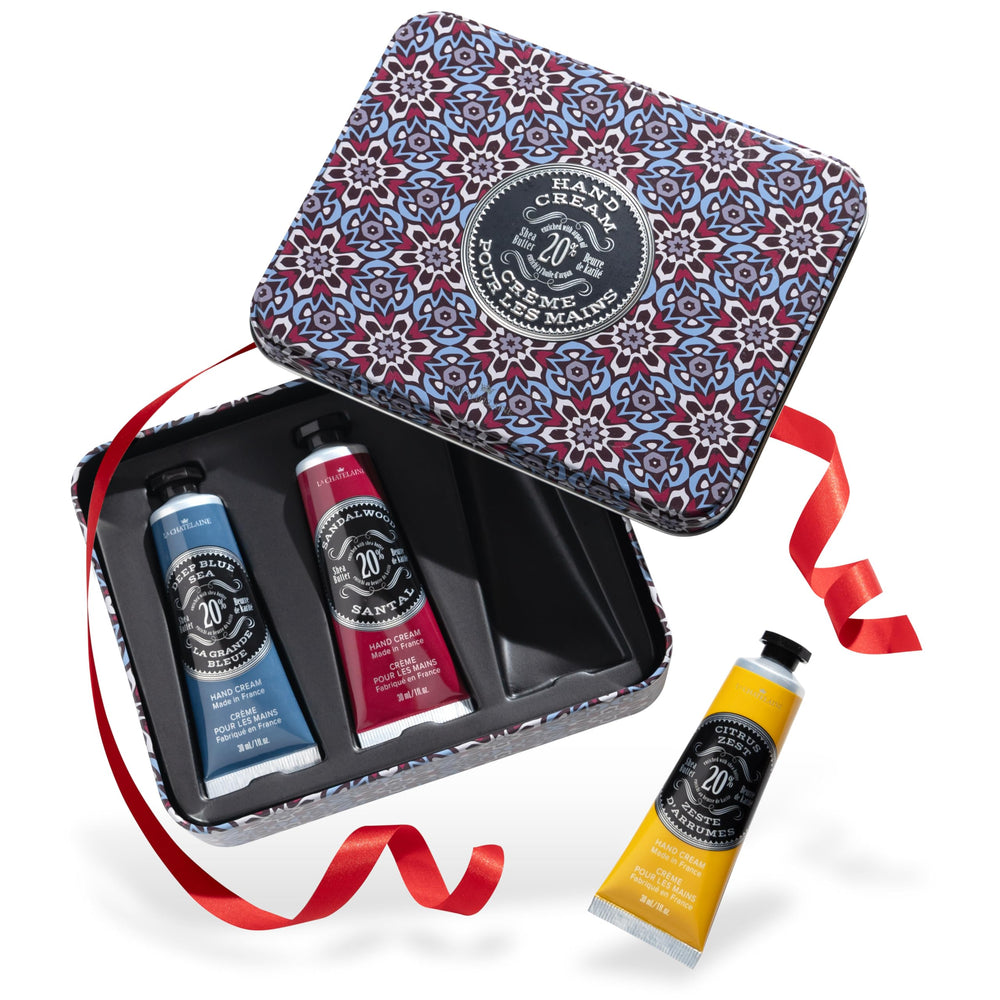 La Chatelaine hand cream gift set for men in a travel tin for on-the-go hydration
