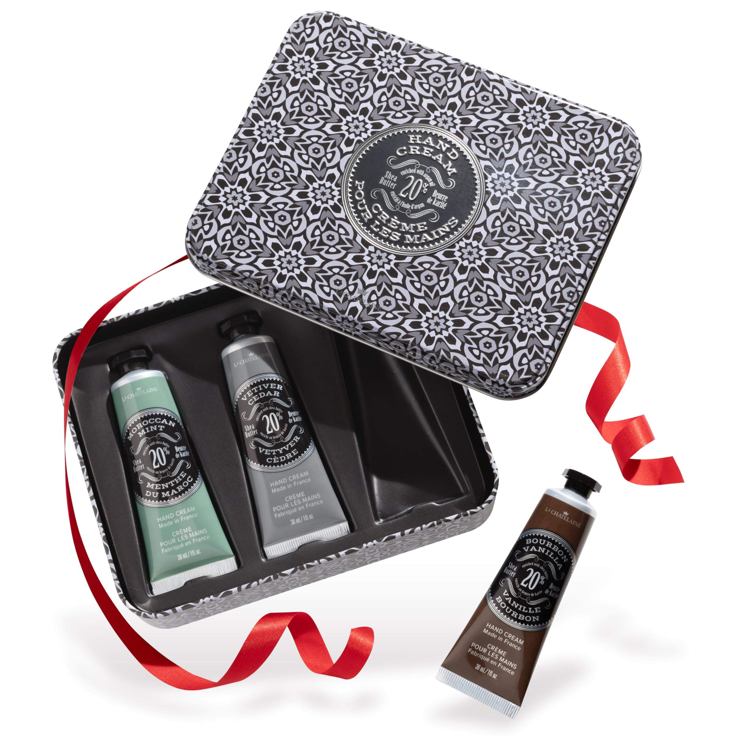 La Chatelaine hand cream travel tin trio providing on-the-go moisture.