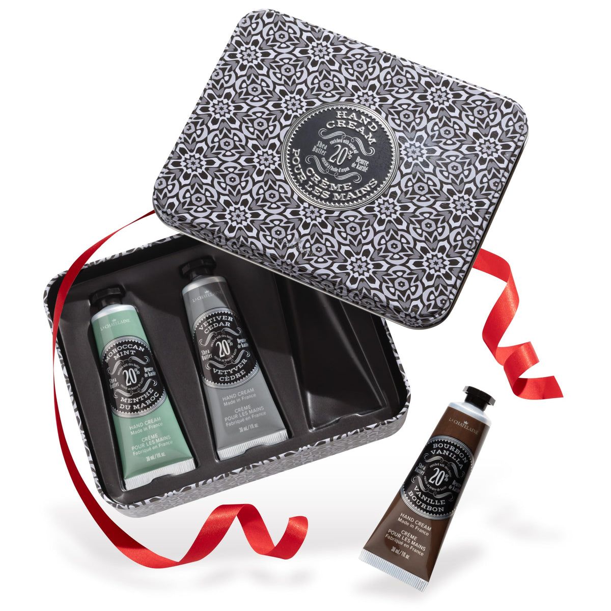 La Chatelaine hand cream travel tin trio providing on-the-go moisture.
