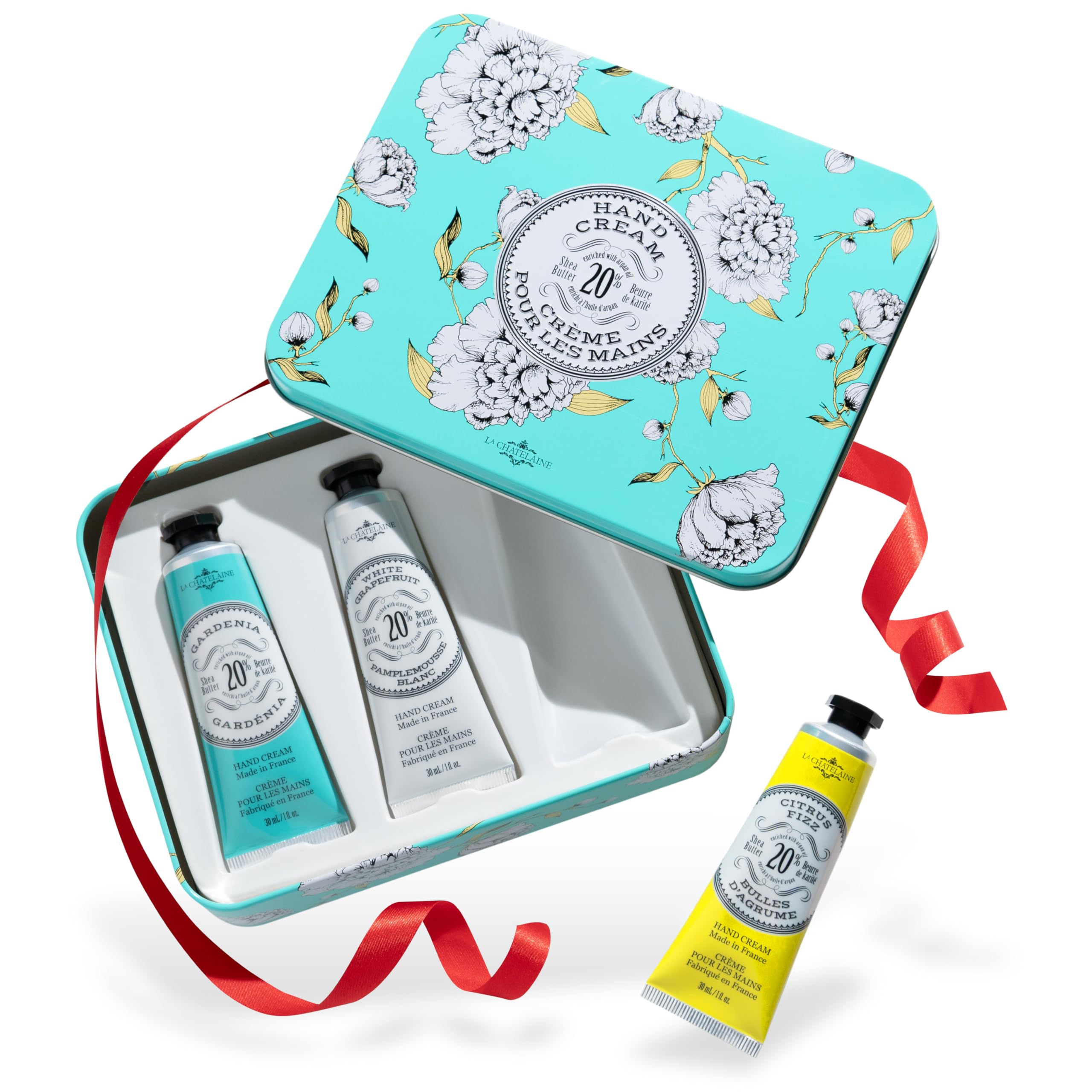 La Chatelaine hand cream trio tin front shows gift-worthy moisture for daily use.