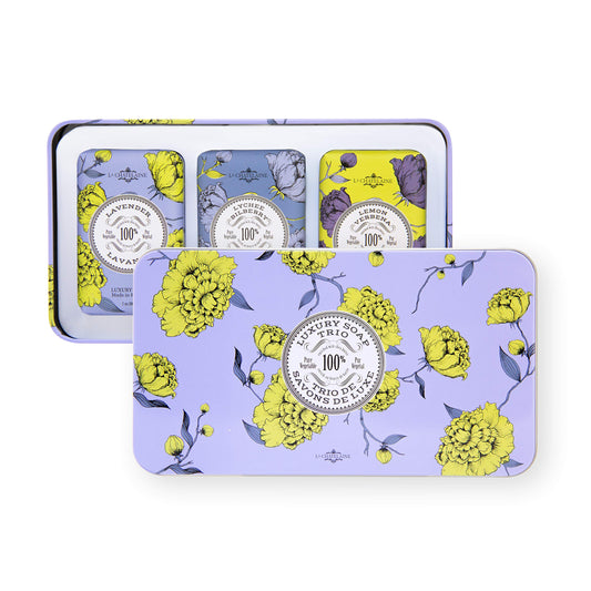 La Chatelaine Lavender Soap Trio Tin with triple milled bars for a luxurious lather.
