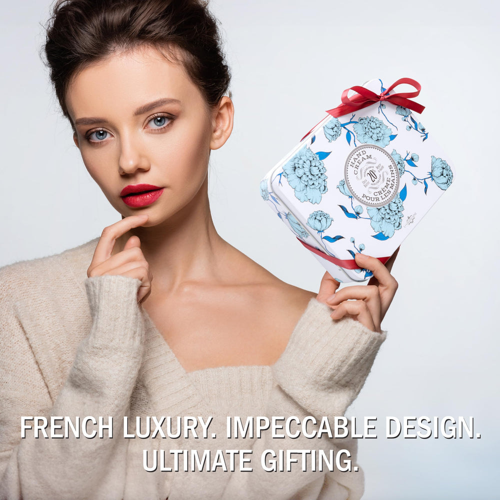 La Chatelaine Lychee Bilberry hand cream tin offers fruity fragrance and lasting softness.