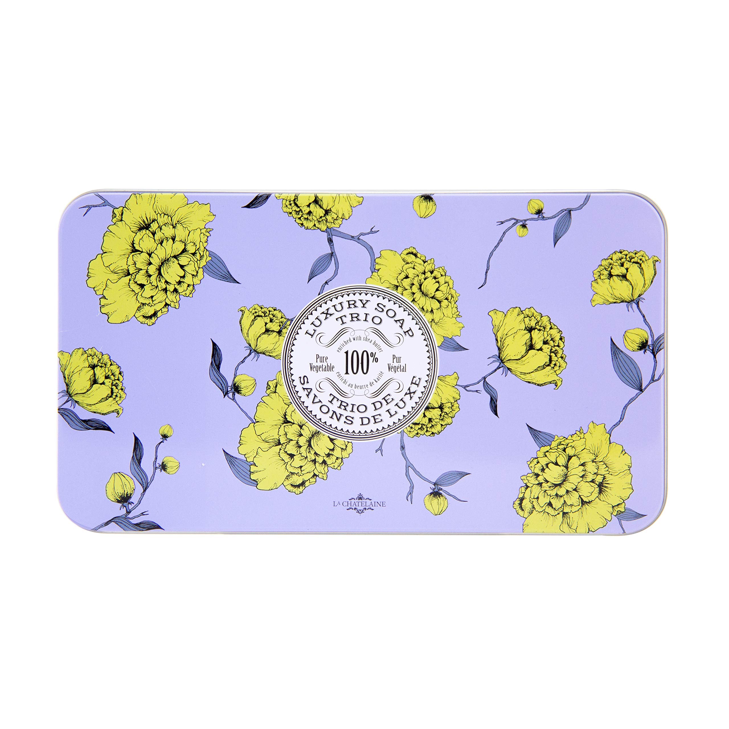 La Chatelaine Lychee Bilberry soap bar highlighting moisturizing formula for smooth skin.