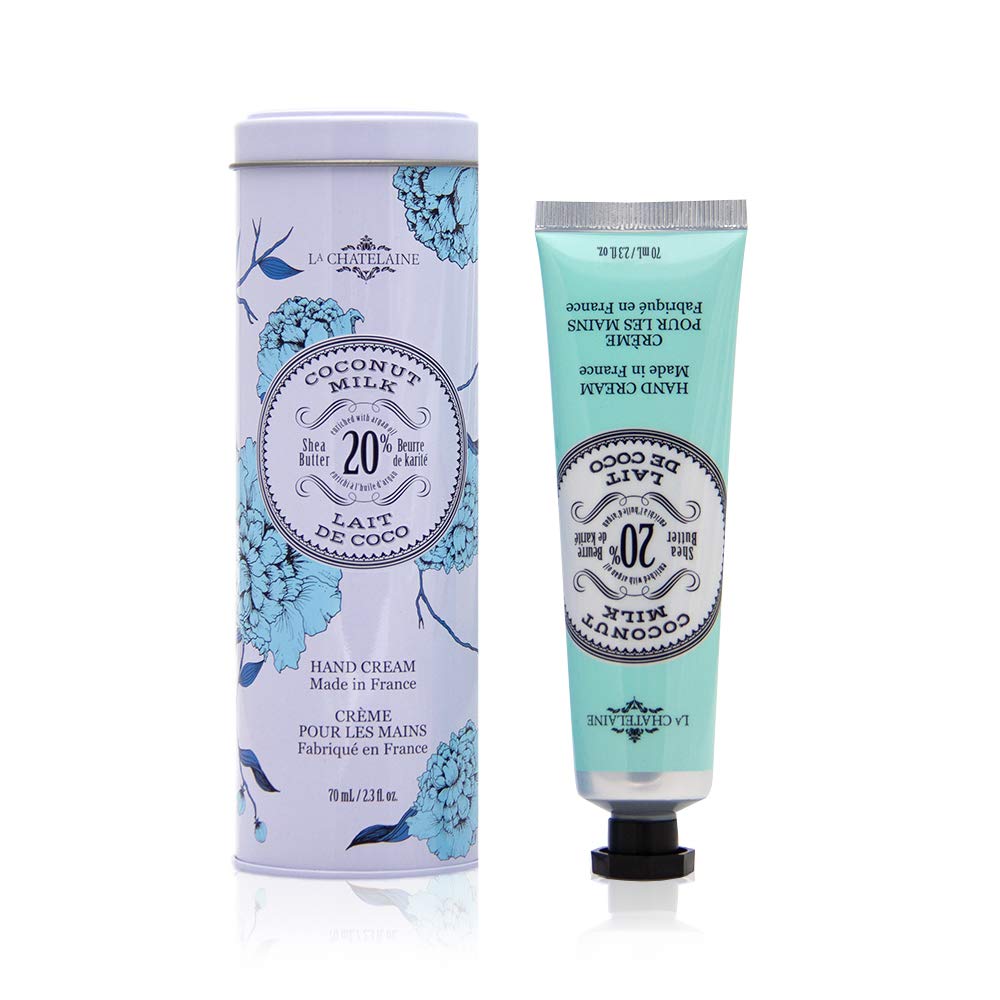 La Chatelaine Shea Butter Hand Cream in embossed tin, delivers quick hydration for dry hands
