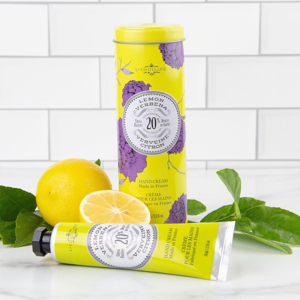 Gift-ready embossed tin featuring La Chatelaine hand cream for special occasions.