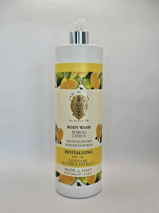 La Florentina Boboli Citrus Body Wash bottle showing olive oil enriched formula for nourished skin.