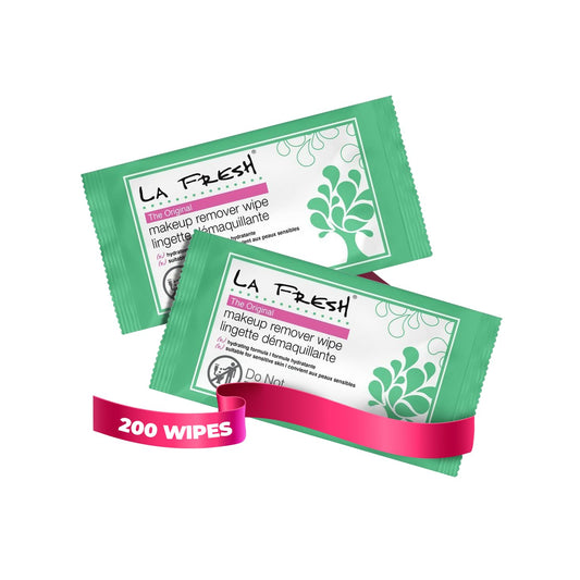 LA Fresh makeup remover wipes bottle close-up showcasing travel-ready packaging for on-the-go cleansing.