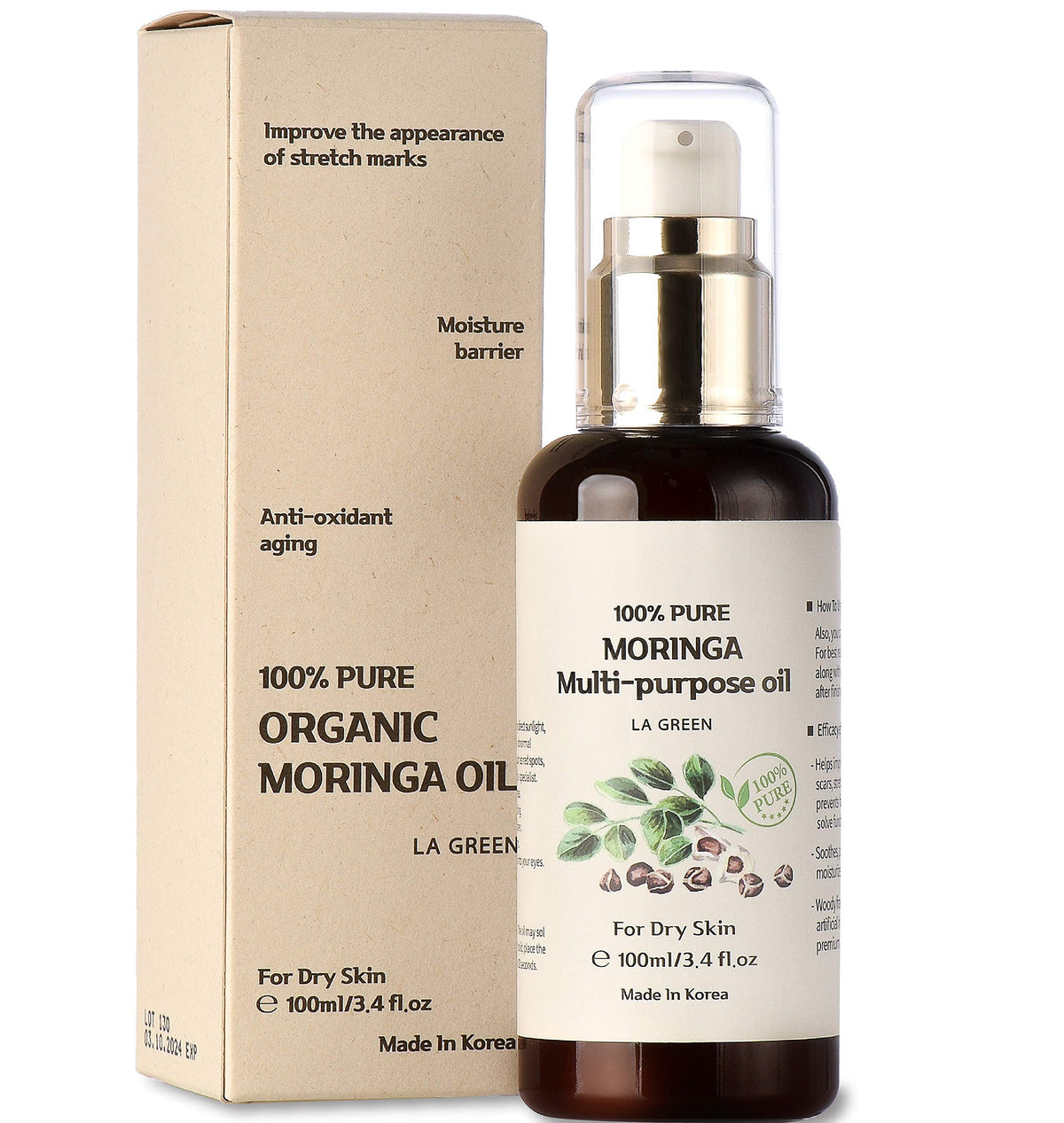 LA GREEN Moringa Oil bottle with pump for everyday skin and hair care.