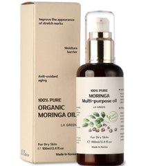 LA GREEN Moringa Oil bottle with pump for everyday skin and hair care.
