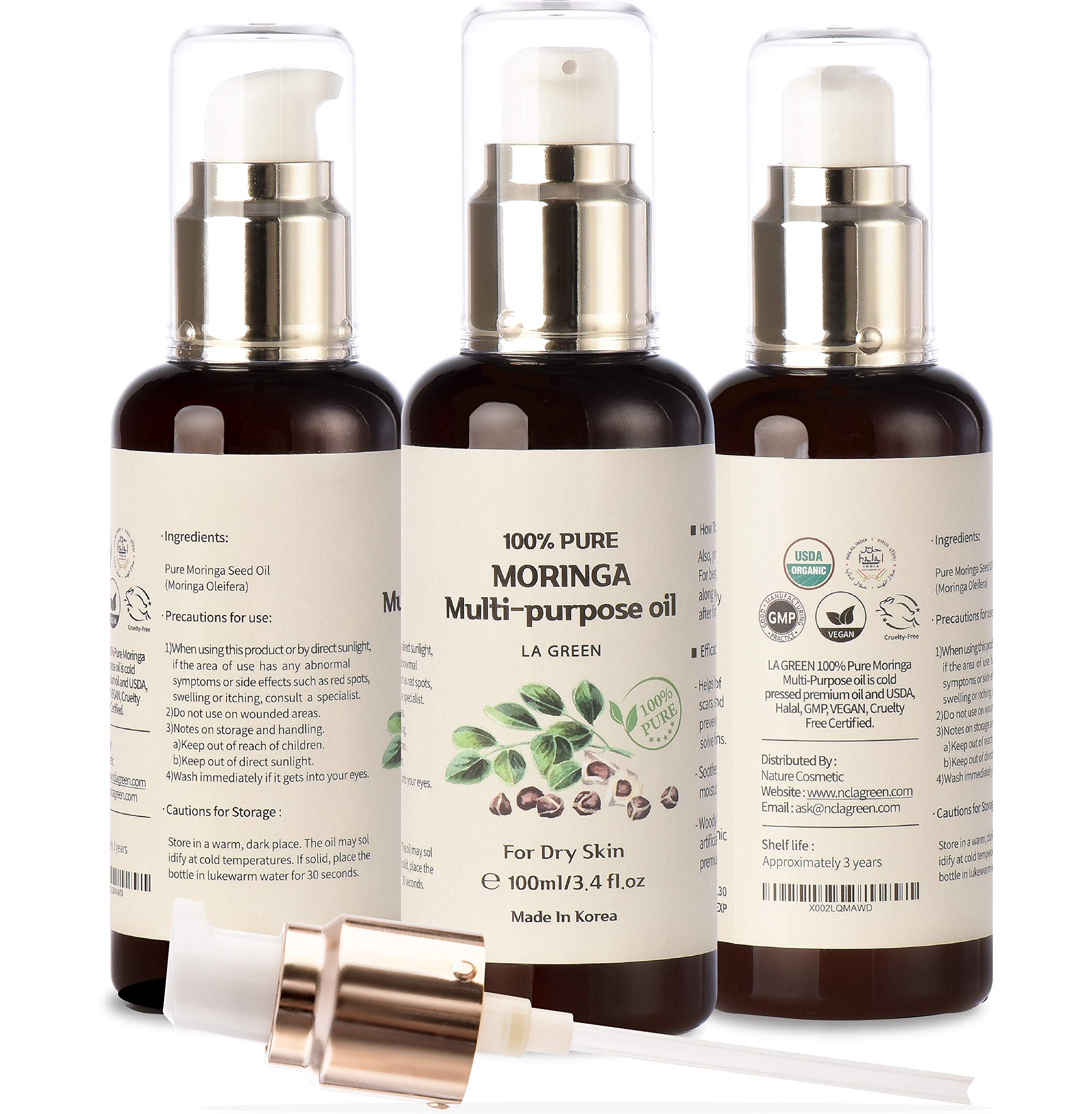 LA GREEN Moringa Oil on the face for silky skin and natural glow.