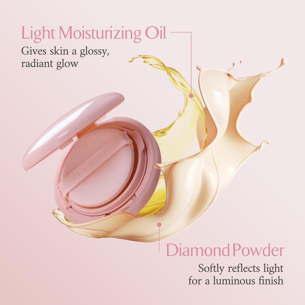 Air-fit powder of LA MUSE cushion provides weightless coverage.