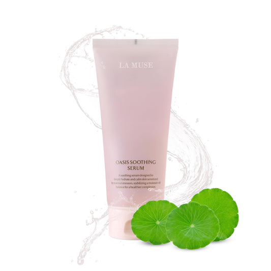 LA MUSE Oasis soothing serum tube closeup demonstrates instant hydration and calming touch.