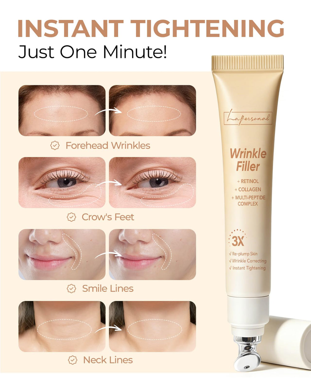 LA.PERSONAL Wrinkle Filler with collagen and hyaluronic acid delivers deep hydration.