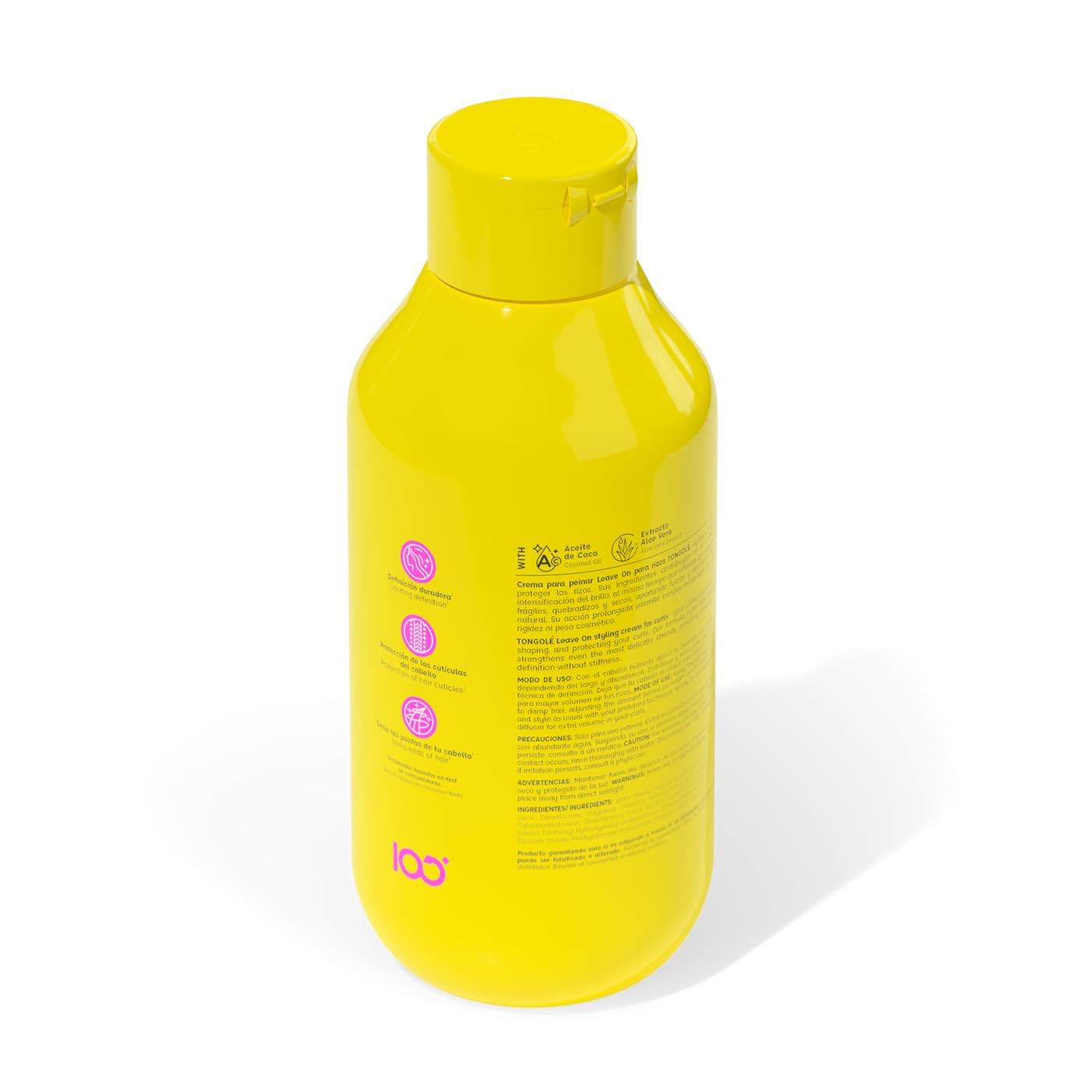 La Pocion Tongolé Leave-In bottle close-up highlighting coconut oil moisture and shine.