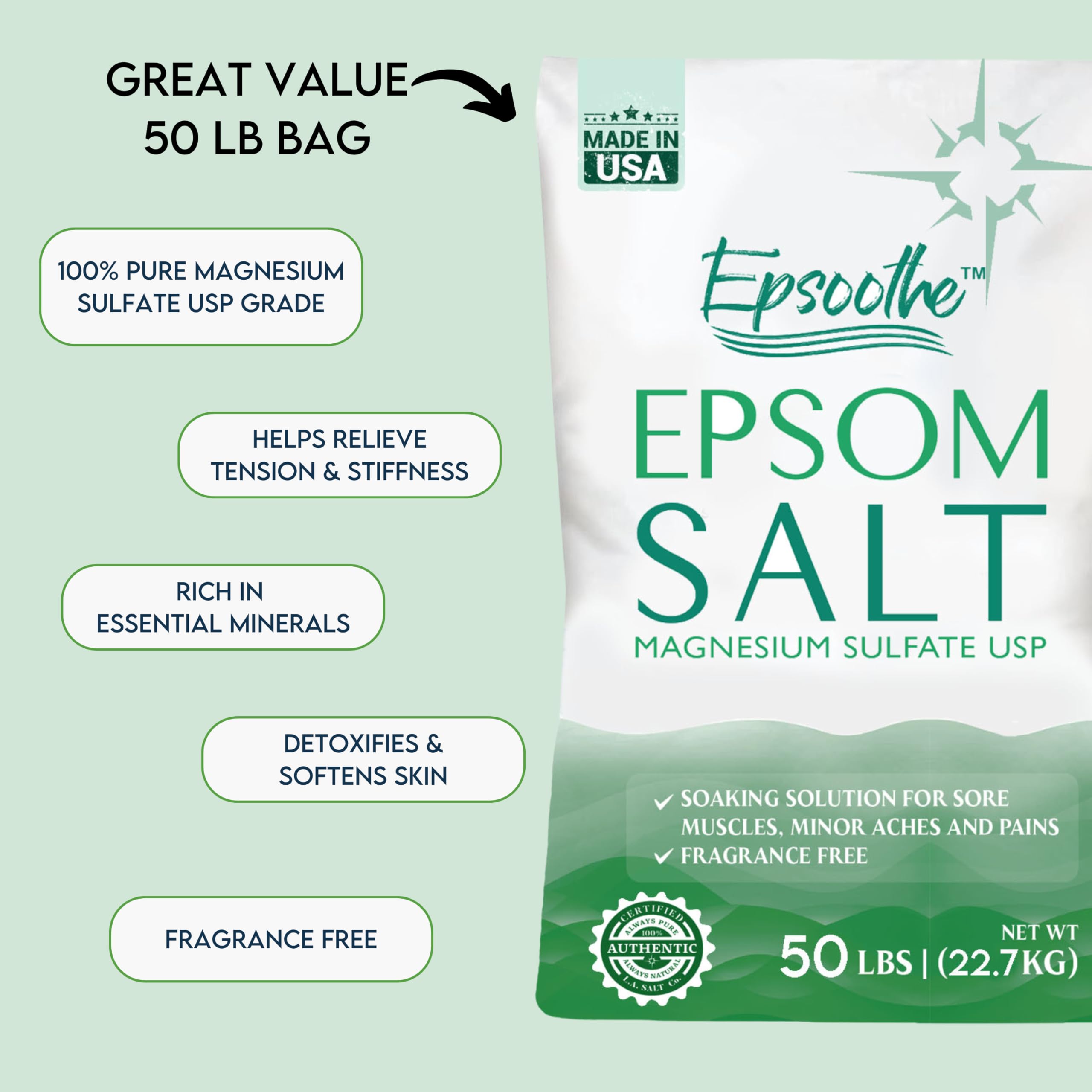 LA SALT CO Epsom salt dissolving in warm bath water for soothing baths