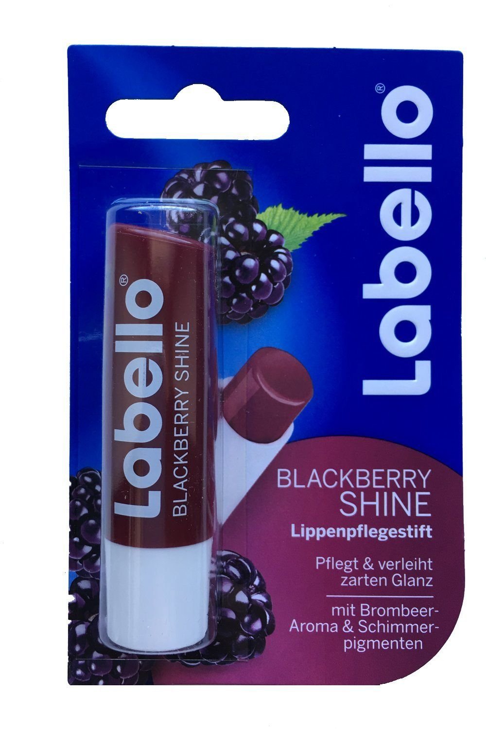 Labello Blackberry Shine lip balm tube with delicate berry aroma.