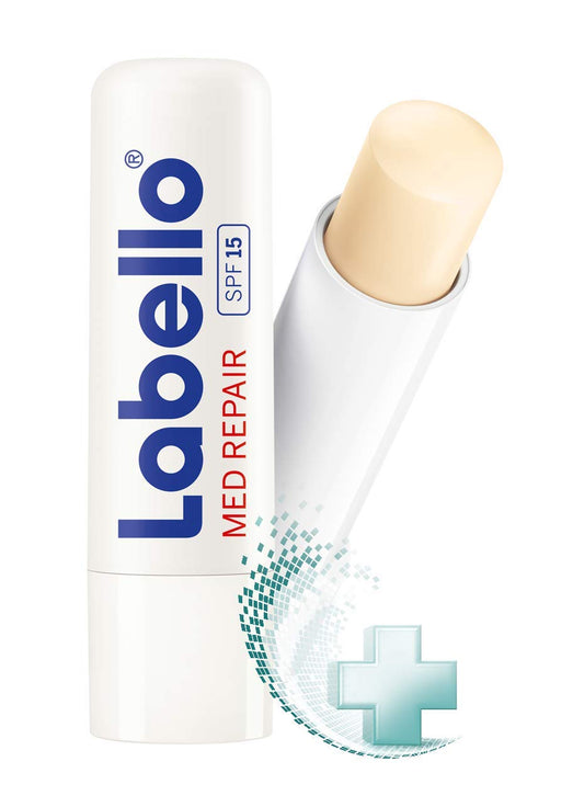 Close-up of Labello Med Repair balm being applied for daily moisture and protection
