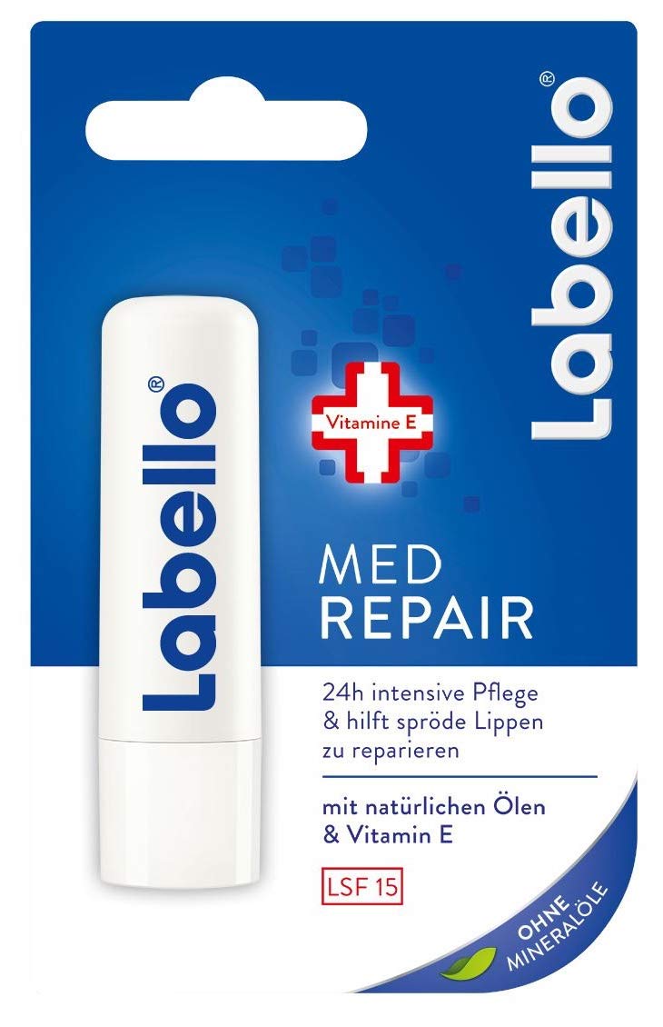 Trio display of Labello Med Repair for on-the-go lip care